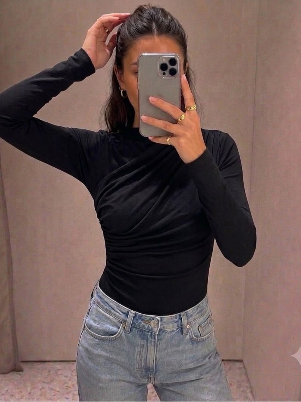 Black Long-Sleeve Ruched Mock Neck Bodysuit